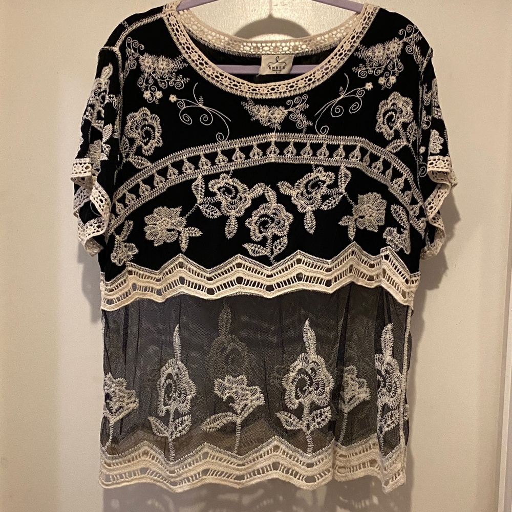 Embroidered Lace Overlay Blouse - Black & Cream